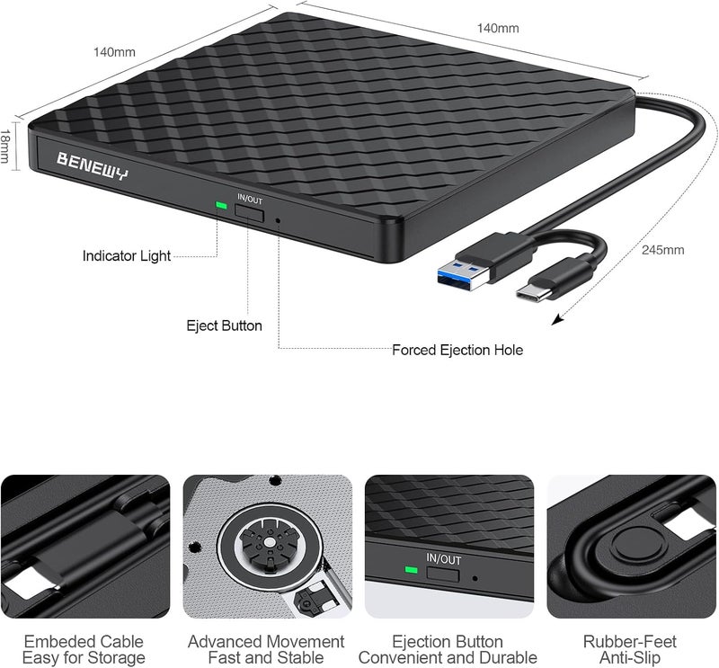BENEWY External CD DVD Drive for Laptop, USB 3.0 USB C CD Burner DVD/CD ROM Drive Reader External DVD Drive DVD Player for Laptop Desktop PC Windows 11/10/8.1/7 MacBook Mac Linux OS Apple Black - Image 4